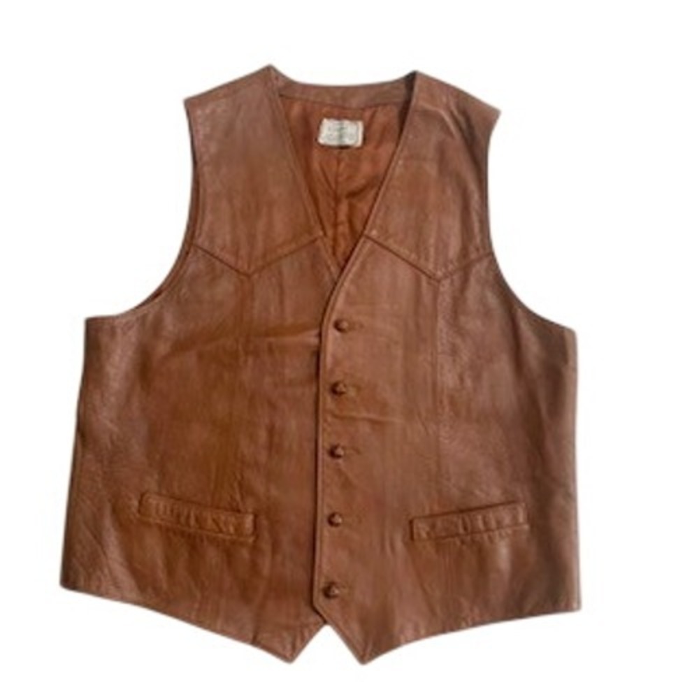 Vintage H Bar C California Ranchwear Brown Leather Western Vest Mens 46 Cognac
